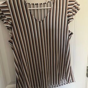 Adrianna Papell Vertical Stripe V-Neck Blouse in Taupe Black White